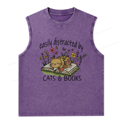 Pagewings Easily Distracted By Cats And Books Unisex Washed Tank Top