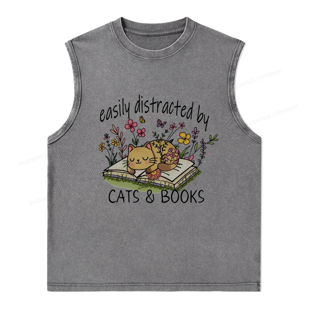 Pagewings Easily Distracted By Cats And Books Unisex Washed Tank Top