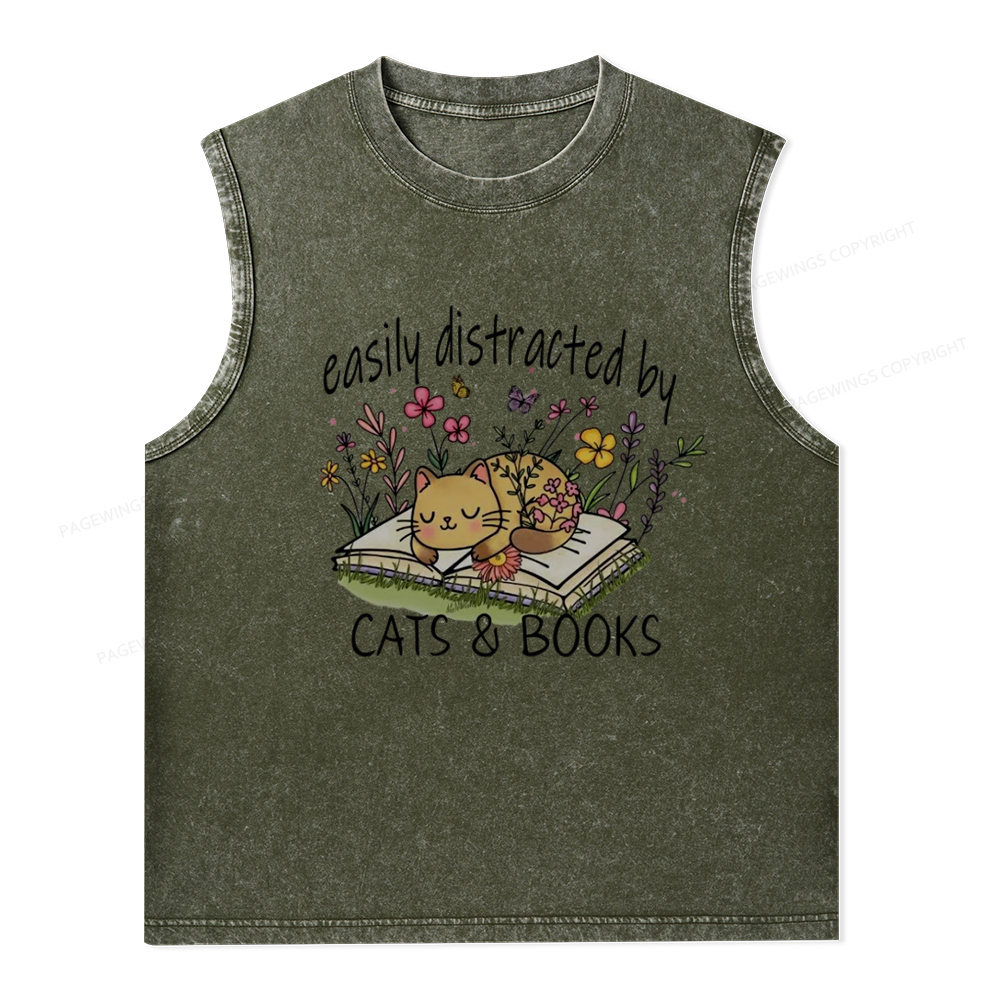 Pagewings Easily Distracted By Cats And Books Unisex Washed Tank Top