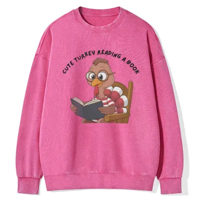 Pagewings  Thanksgiving Turkey Reading A Book Unisex Washed Sweatshirt