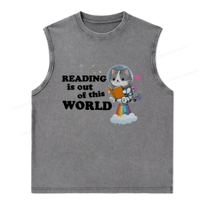 Pagewings Cat Reading in Space Unisex Washed Tank Top