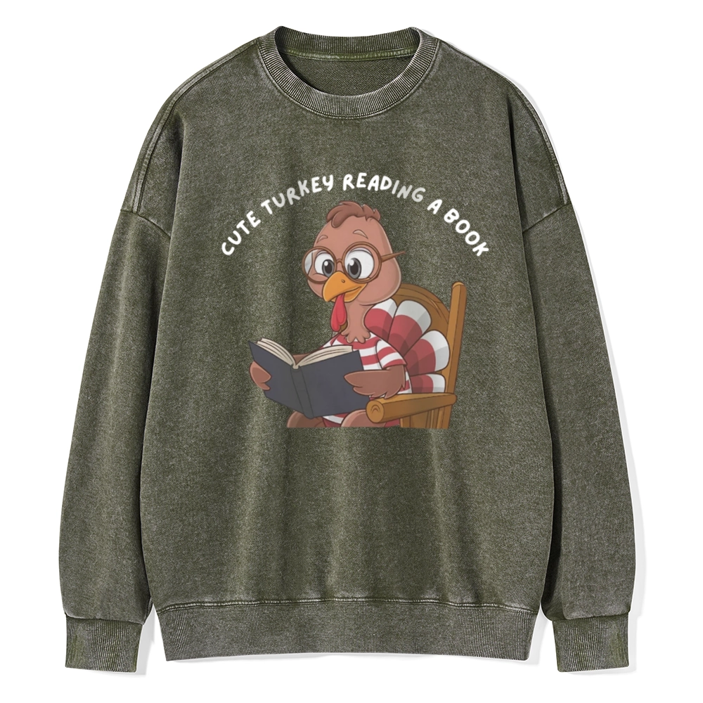 Pagewings  Thanksgiving Turkey Reading A Book Unisex Washed Sweatshirt