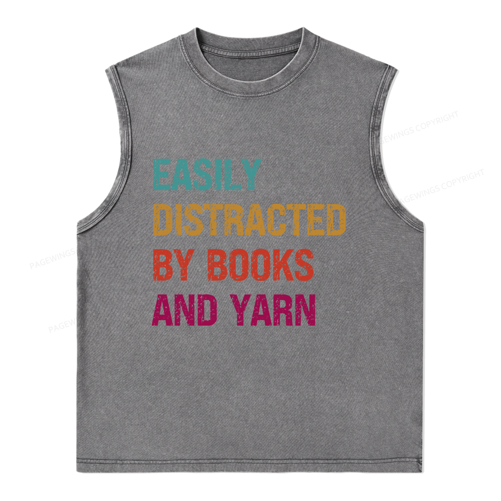 Pagewings Easily Distracted By Books And Yarn Unisex Washed Tank Top