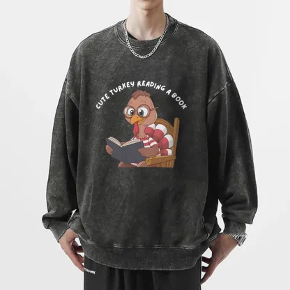 Pagewings  Thanksgiving Turkey Reading A Book Unisex Washed Sweatshirt