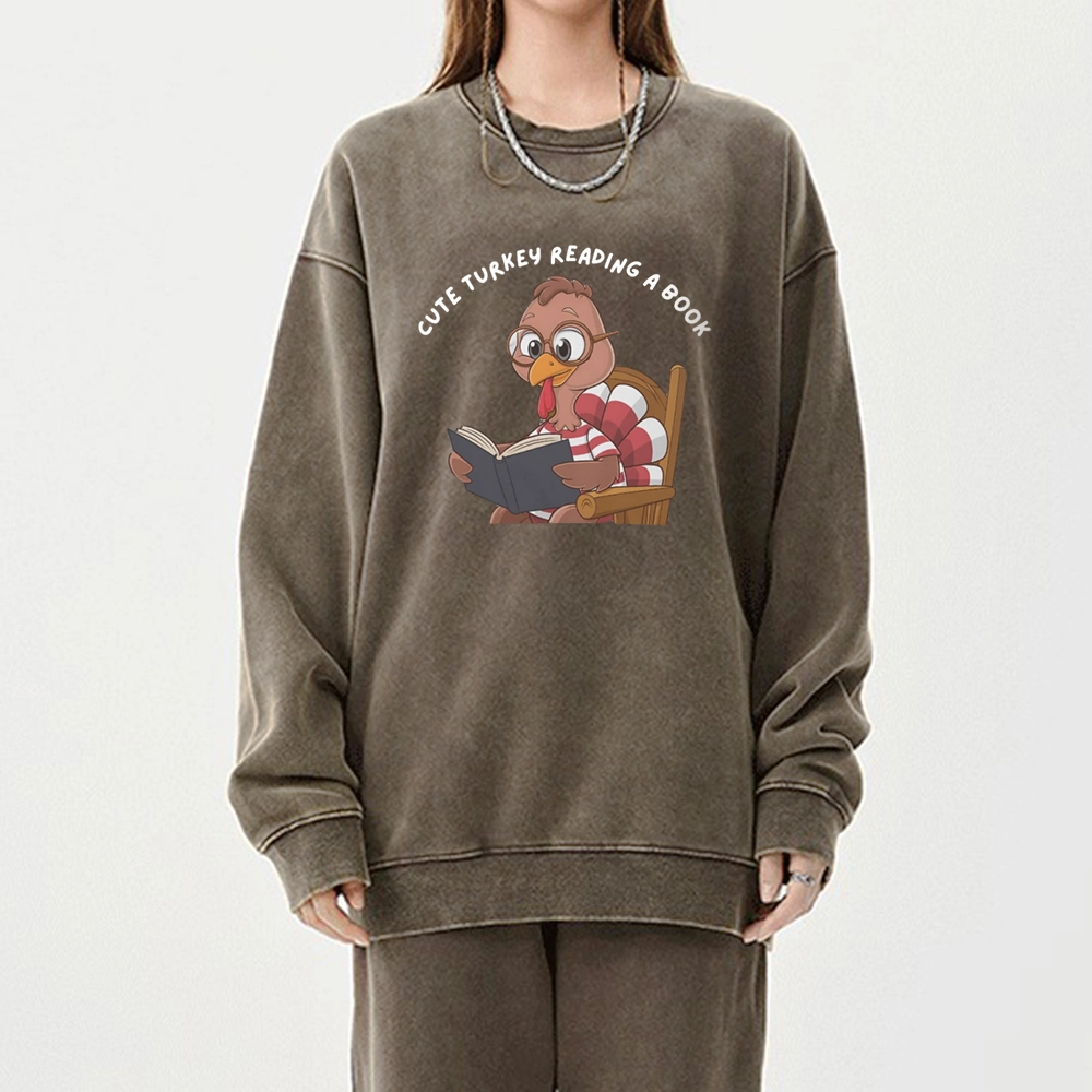 Pagewings  Thanksgiving Turkey Reading A Book Unisex Washed Sweatshirt
