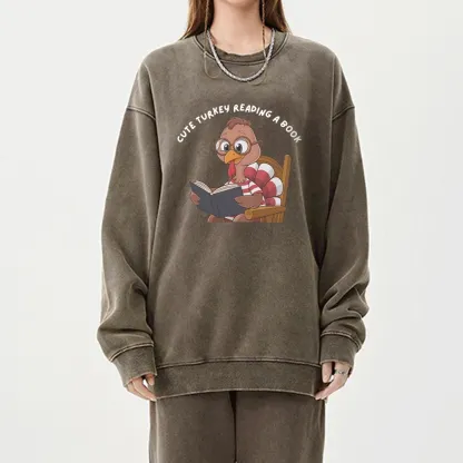 Pagewings  Thanksgiving Turkey Reading A Book Unisex Washed Sweatshirt