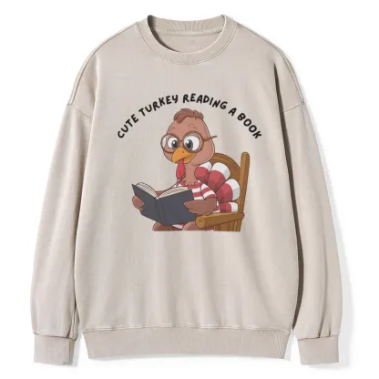 Pagewings  Thanksgiving Turkey Reading A Book Unisex Washed Sweatshirt