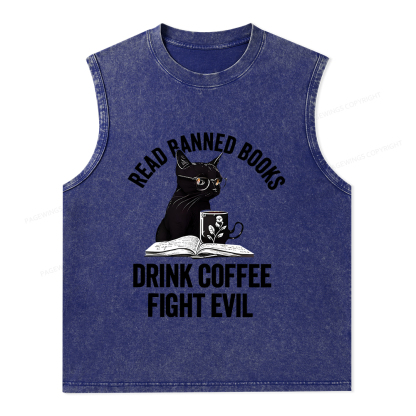 Pagewings Read Books Drink Coffee Fight Evil Shirt Unisex Washed Tank Top