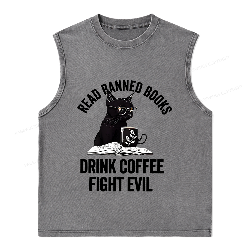 Pagewings Read Books Drink Coffee Fight Evil Shirt Unisex Washed Tank Top