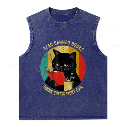 Pagewings Read Banned Books Drink Coffee Fight Evil Retro Cat Lovers T-Shirt Unisex Washed Tank Top