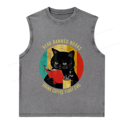 Pagewings Read Banned Books Drink Coffee Fight Evil Retro Cat Lovers T-Shirt Unisex Washed Tank Top