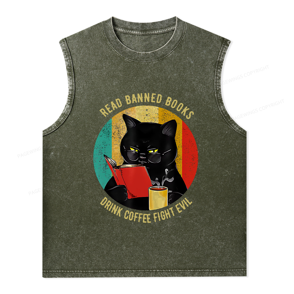 Pagewings Read Banned Books Drink Coffee Fight Evil Retro Cat Lovers T-Shirt Unisex Washed Tank Top