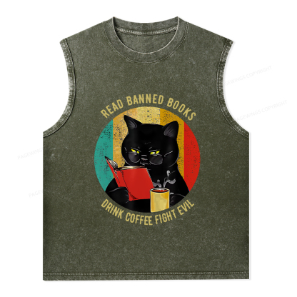 Pagewings Read Banned Books Drink Coffee Fight Evil Retro Cat Lovers T-Shirt Unisex Washed Tank Top