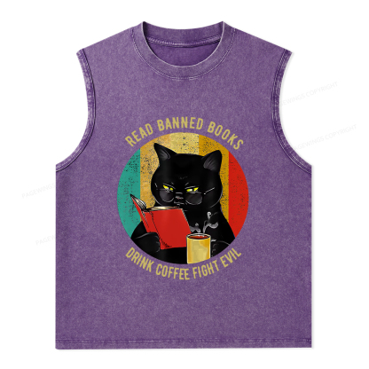 Pagewings Read Banned Books Drink Coffee Fight Evil Retro Cat Lovers T-Shirt Unisex Washed Tank Top