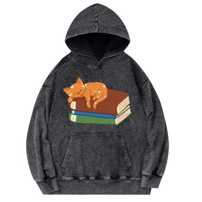 Pagewings Orange Book Cat Unisex Washed Hoodie