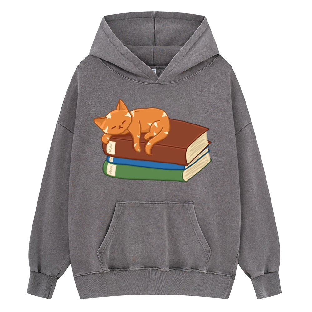 Pagewings Orange Book Cat Unisex Washed Hoodie