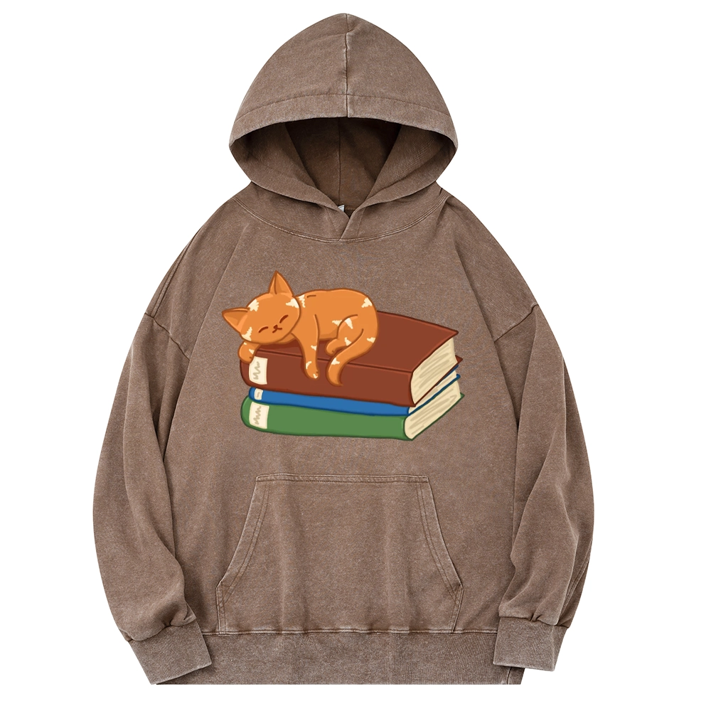 Pagewings Orange Book Cat Unisex Washed Hoodie