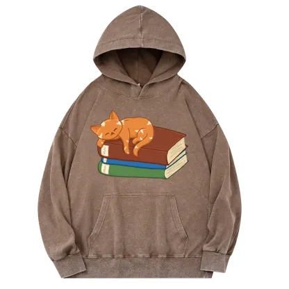 Pagewings Orange Book Cat Unisex Washed Hoodie