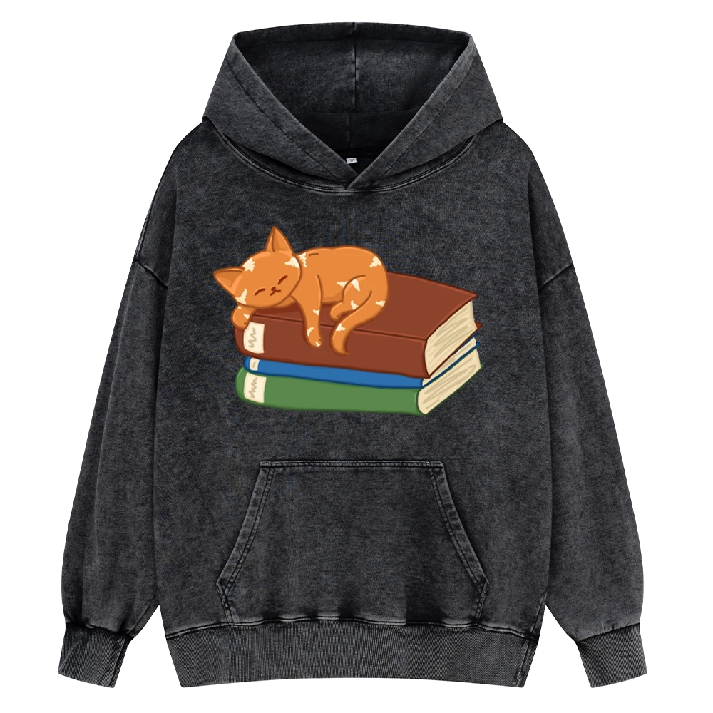 Pagewings Orange Book Cat Unisex Washed Hoodie