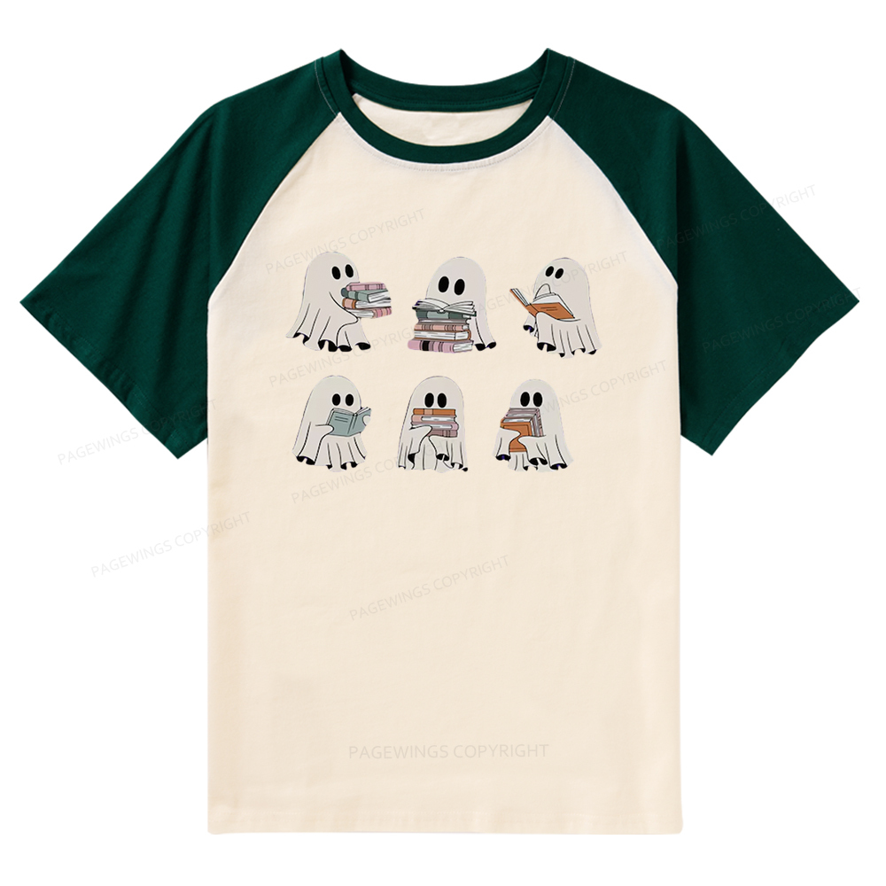 Pagewings Ghost Reading Halloween Raglan T-shirt