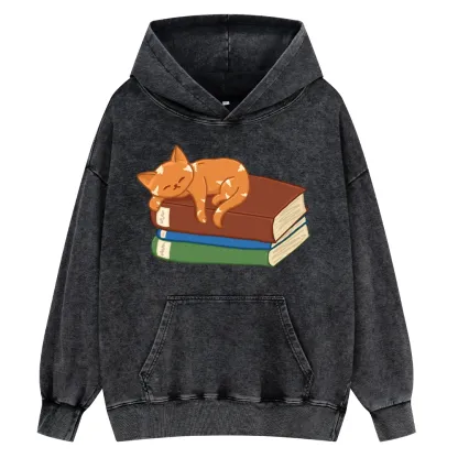 Pagewings Orange Book Cat Unisex Washed Hoodie