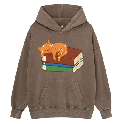 Pagewings Orange Book Cat Unisex Washed Hoodie