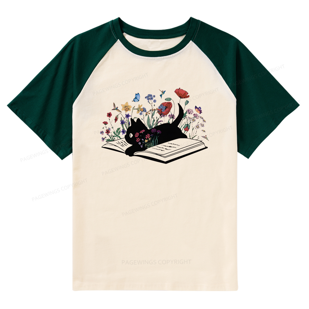 Pagewings Cute Book Cat Raglan T-shirt