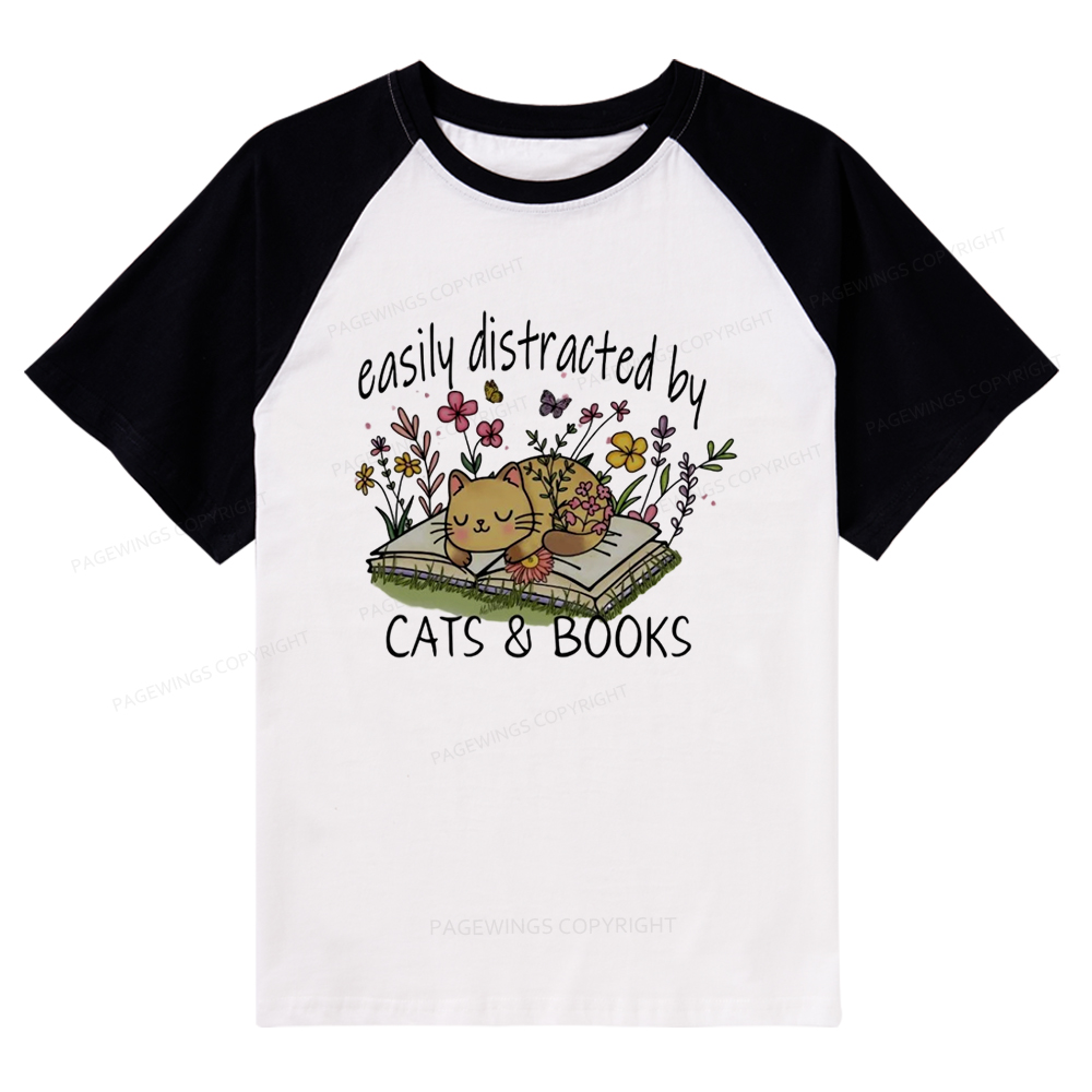 Pagewings Easily Distracted By Cats And Books Raglan T-shirt