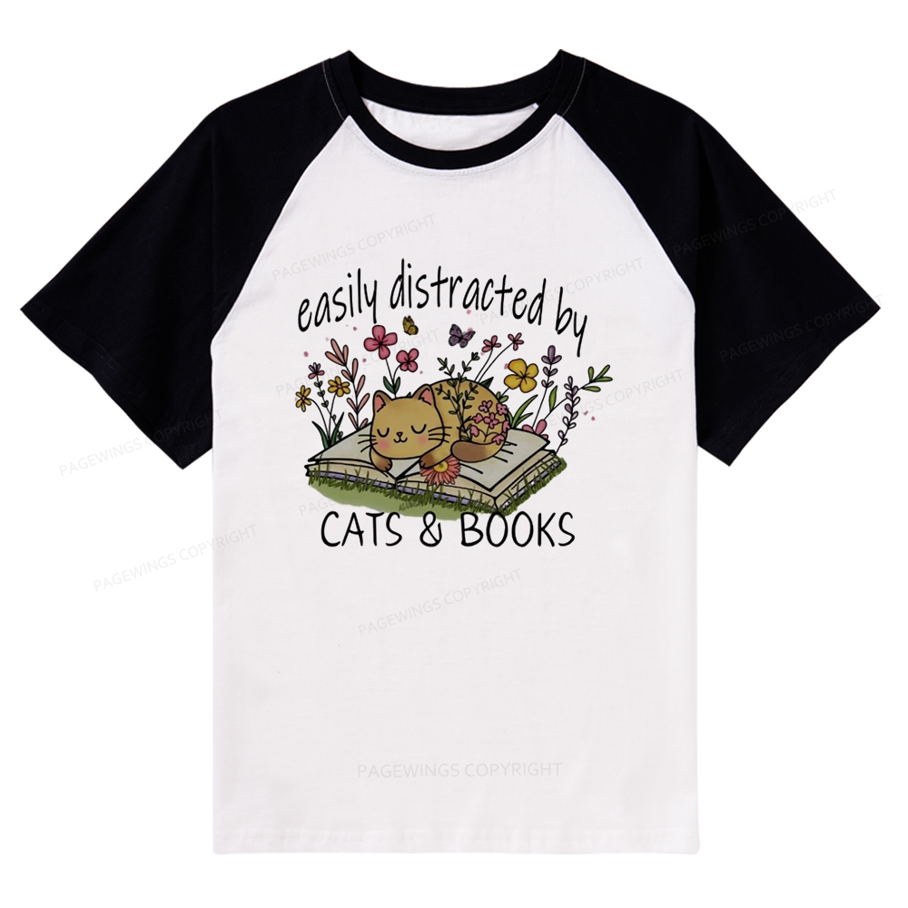 Pagewings Easily Distracted By Cats And Books Raglan T-shirt