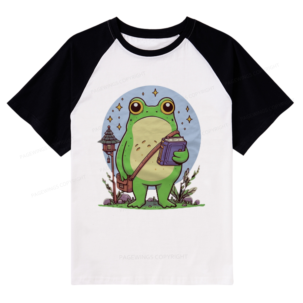 Pagewings Frog Reading Book Raglan T-shirt