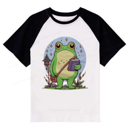 Pagewings Frog Reading Book Raglan T-shirt