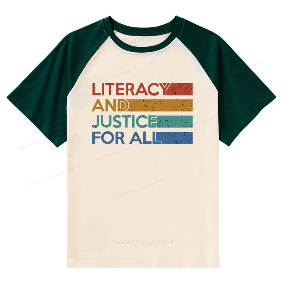 Pagewings Literacy and Justice For All Raglan T-shirt
