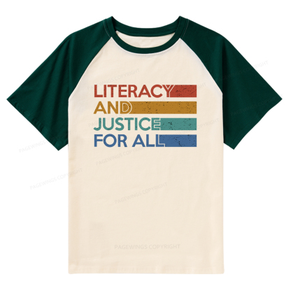 Pagewings Literacy and Justice For All Raglan T-shirt