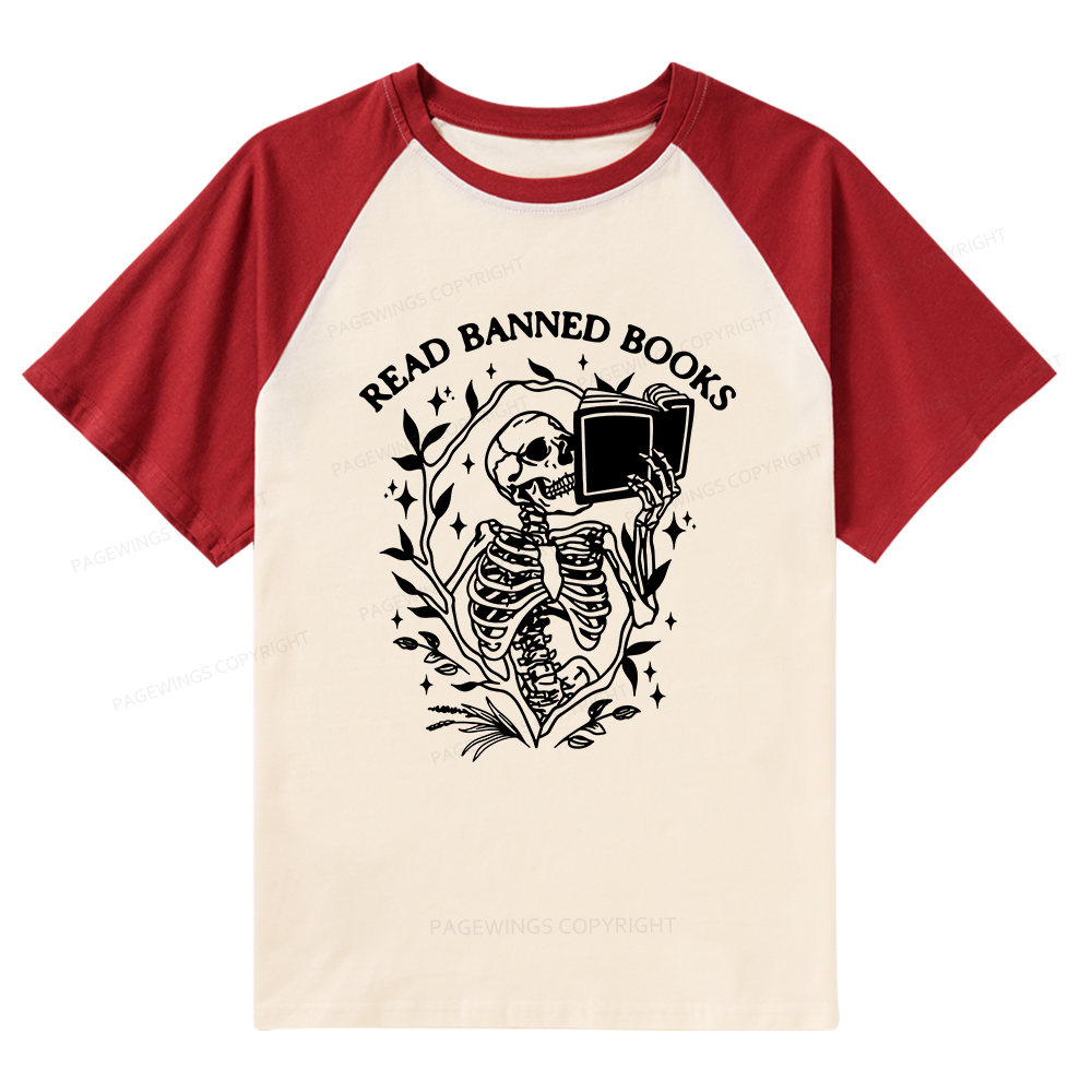 Pagewings Read Banned Books Skeleton Halloween Goth Protest T-Shirt Raglan T-shirt