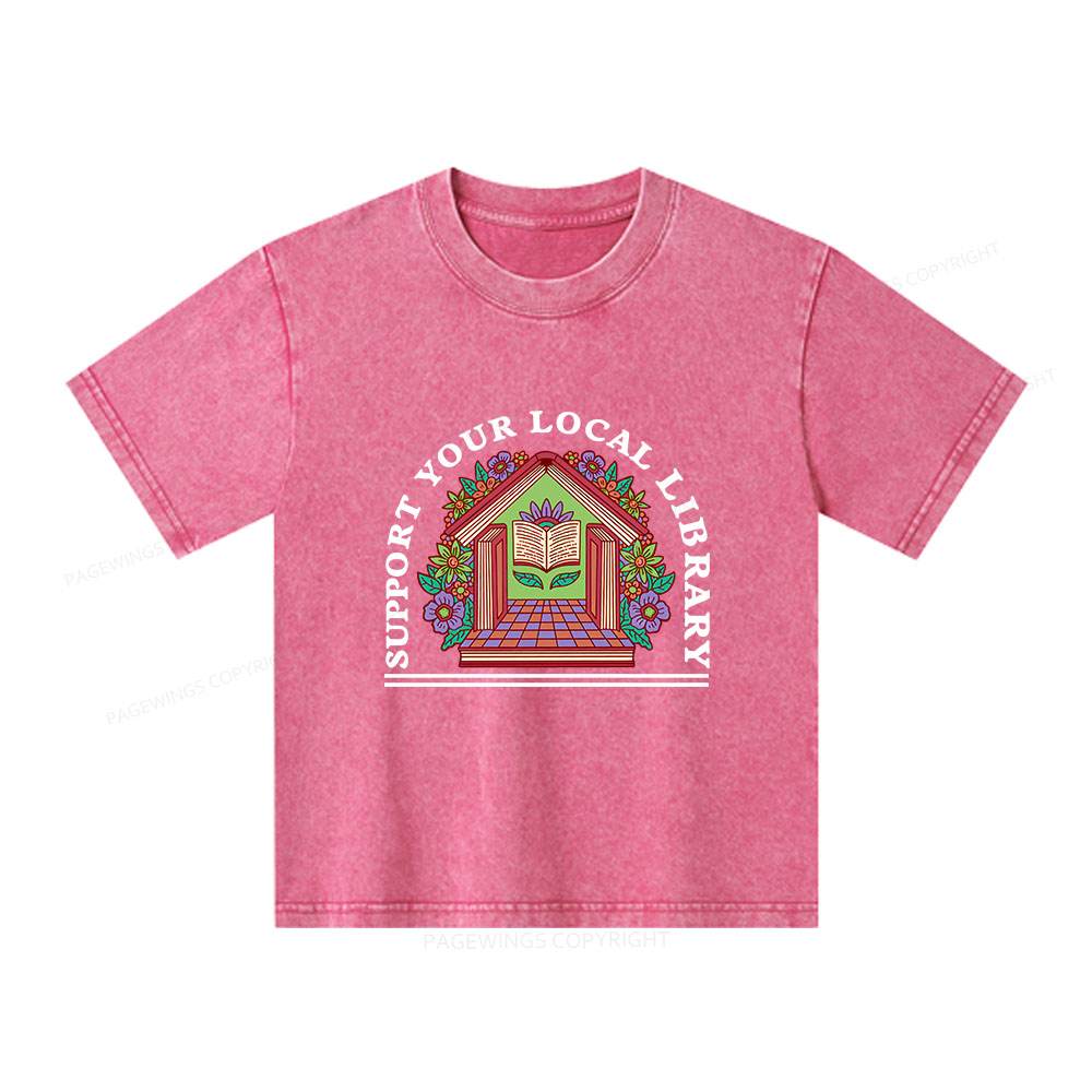 Pagewings Support Your Local Library Unisex Kids Washed T-shirt