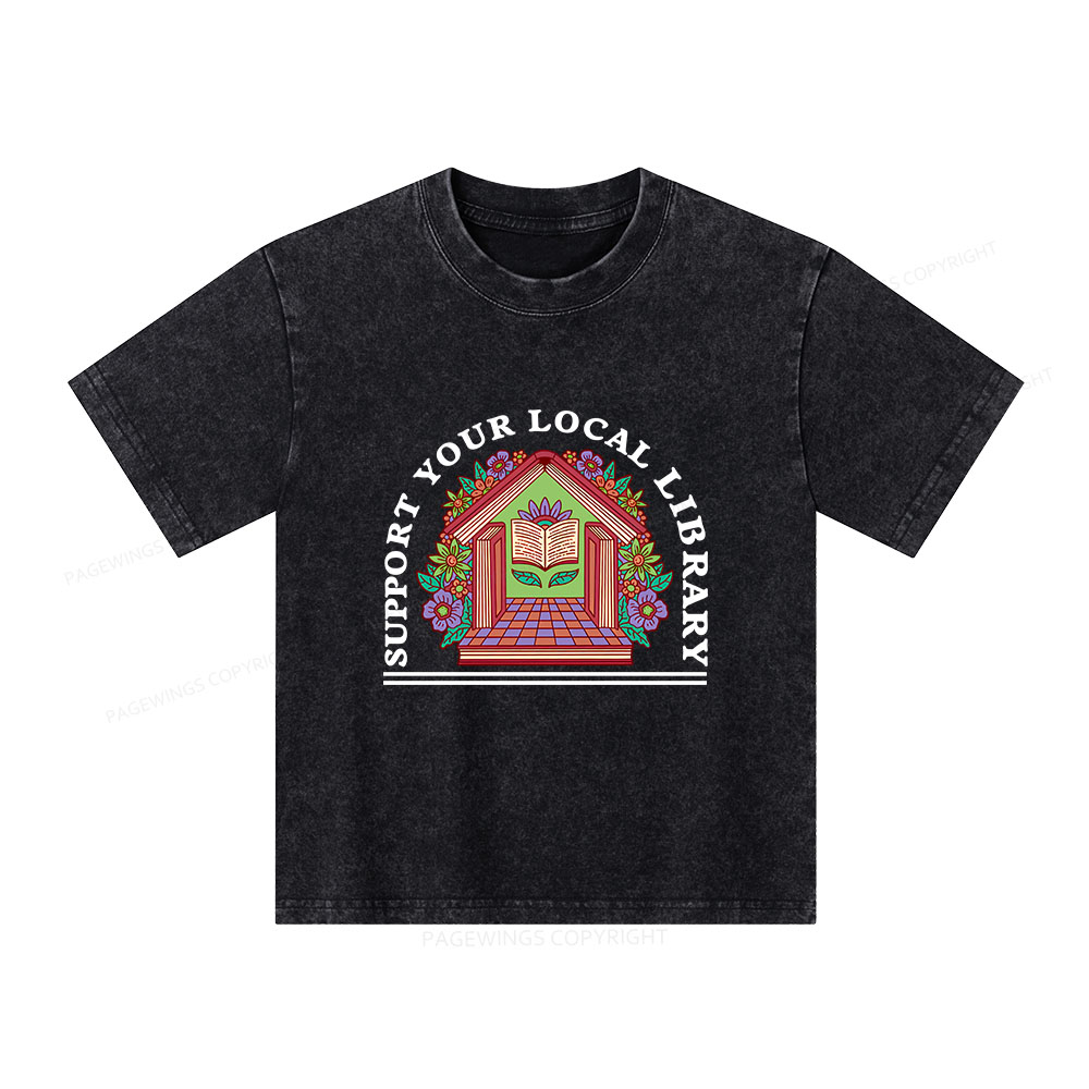 Pagewings Support Your Local Library Unisex Kids Washed T-shirt