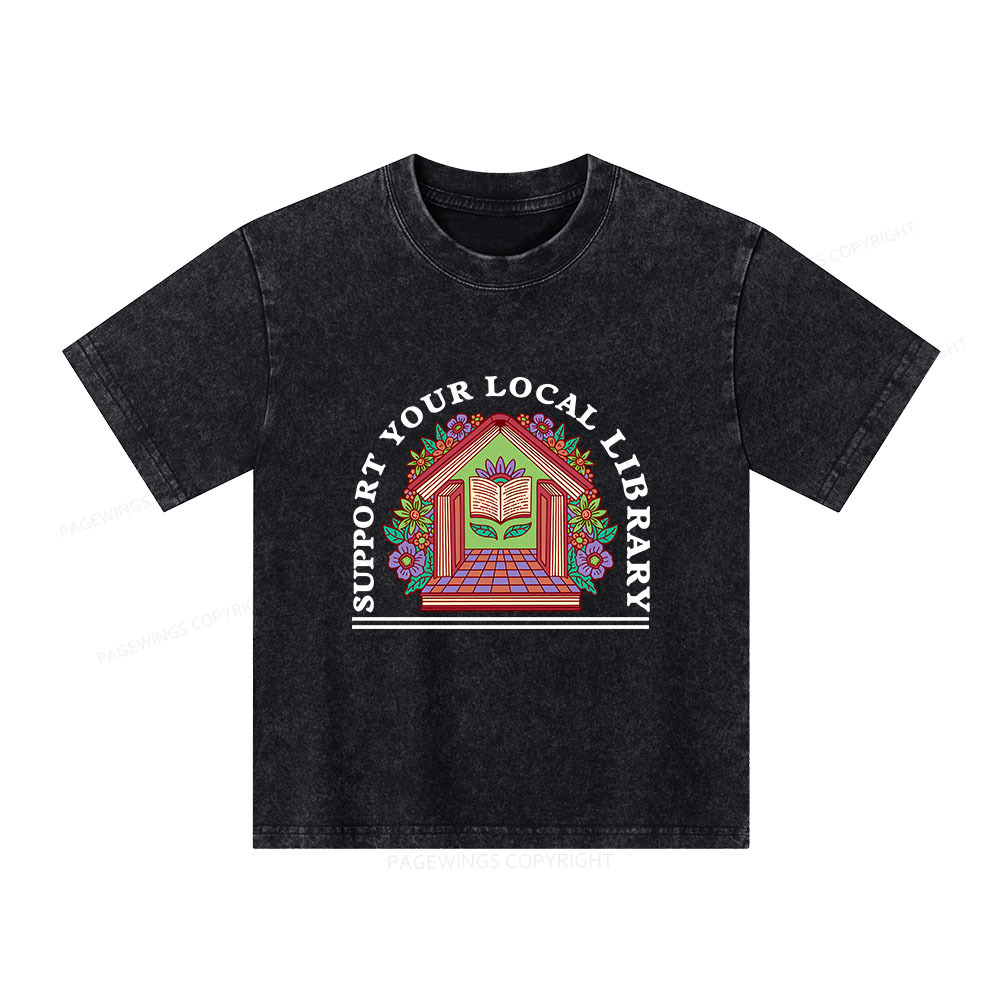 Pagewings Support Your Local Library Unisex Kids Washed T-shirt