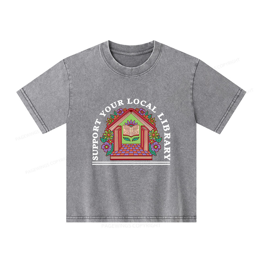 Pagewings Support Your Local Library Unisex Kids Washed T-shirt