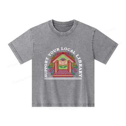 Pagewings Support Your Local Library Unisex Kids Washed T-shirt
