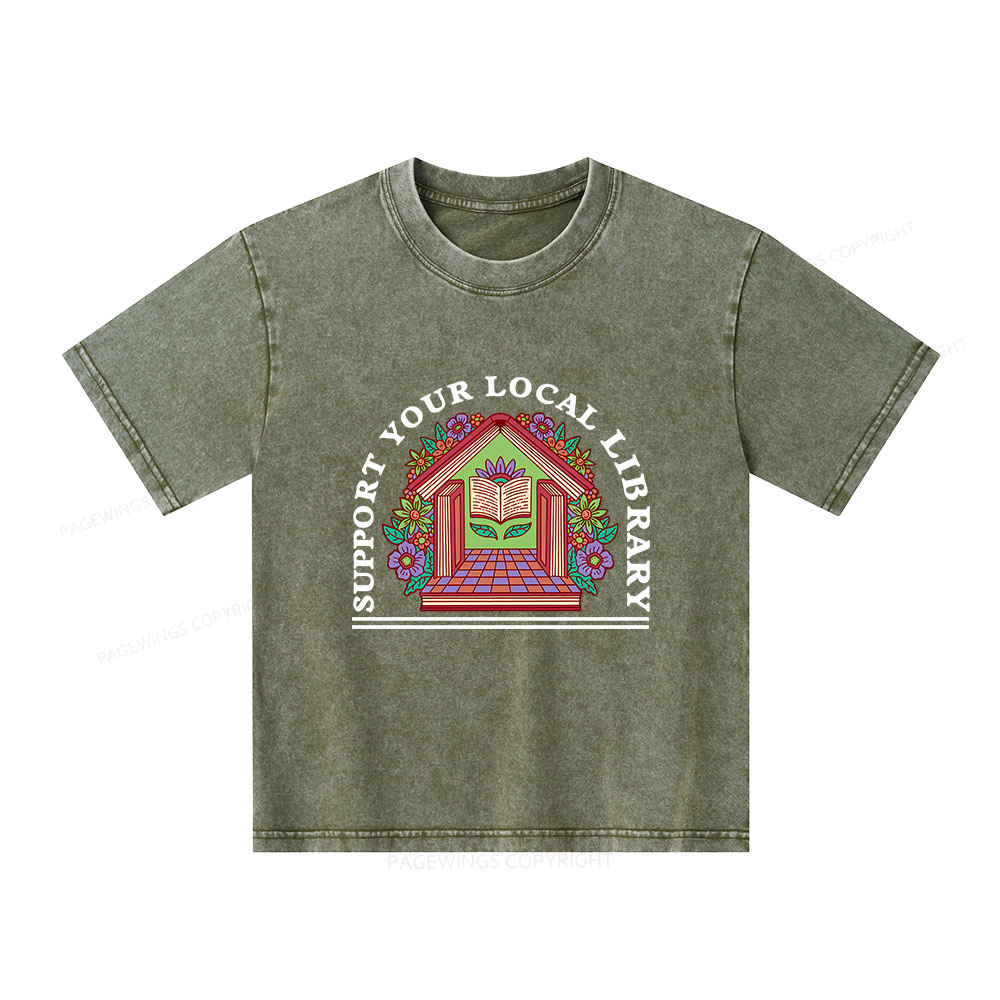 Pagewings Support Your Local Library Unisex Kids Washed T-shirt