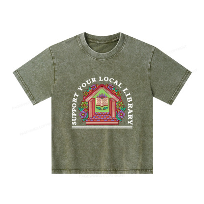 Pagewings Support Your Local Library Unisex Kids Washed T-shirt