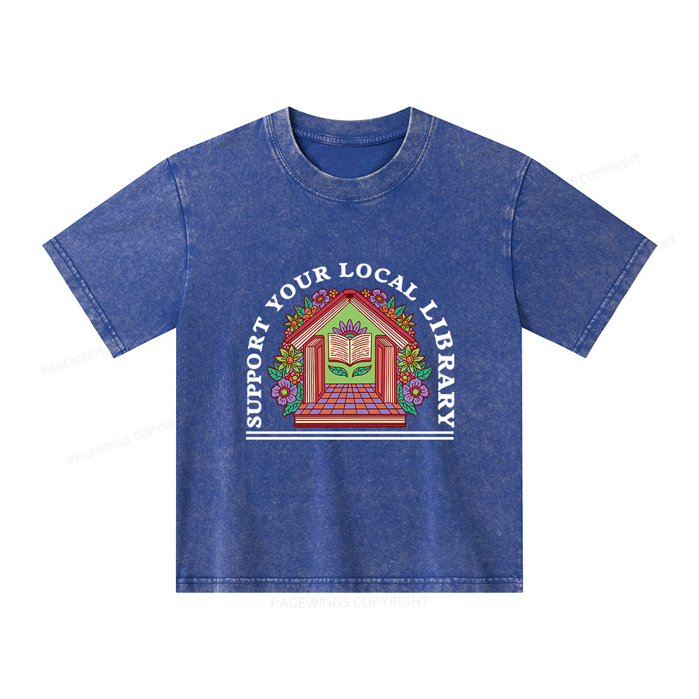 Pagewings Support Your Local Library Unisex Kids Washed T-shirt