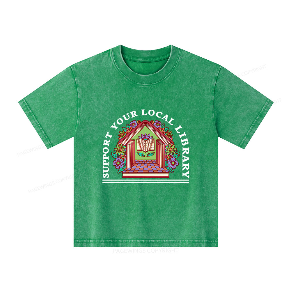 Pagewings Support Your Local Library Unisex Kids Washed T-shirt