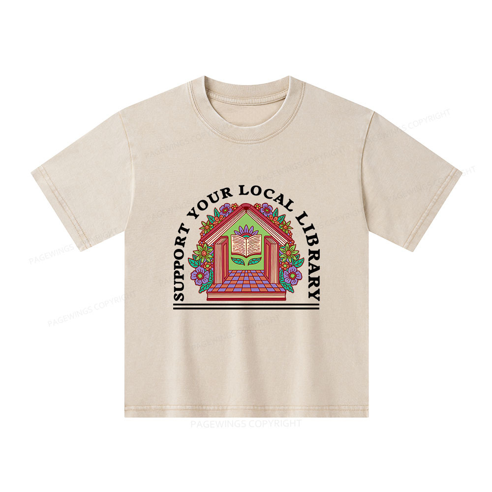 Pagewings Support Your Local Library Unisex Kids Washed T-shirt