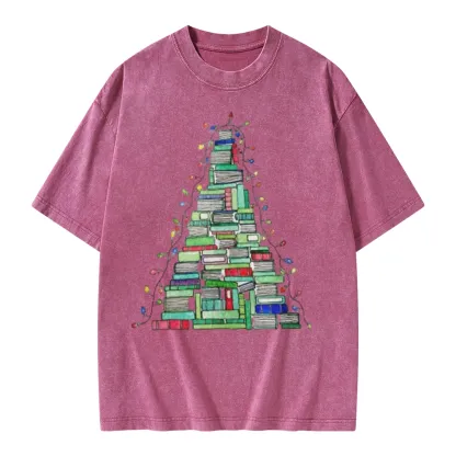 Pagewings Christmas Book Tree Unisex Washed T-shirt