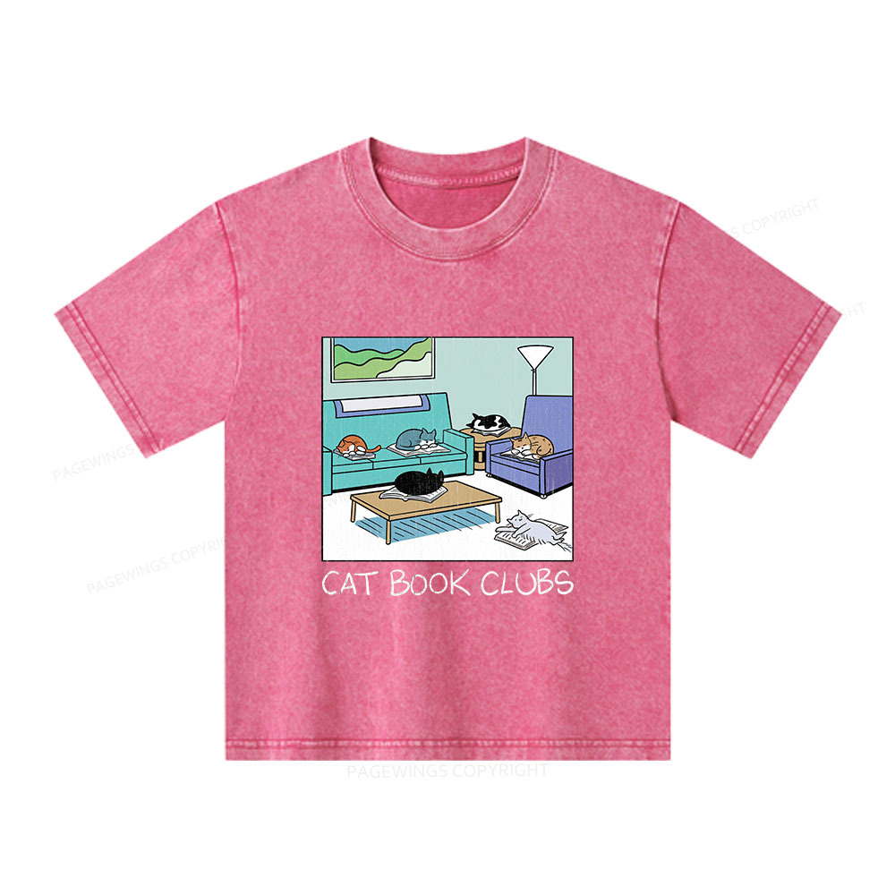 Pagewings Cat Book Clubs Unisex Kids Washed T-shirt