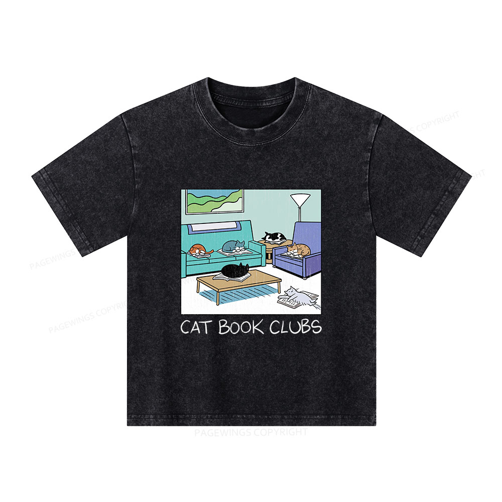 Pagewings Cat Book Clubs Unisex Kids Washed T-shirt