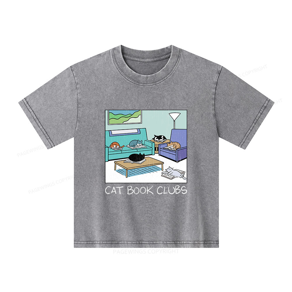 Pagewings Cat Book Clubs Unisex Kids Washed T-shirt