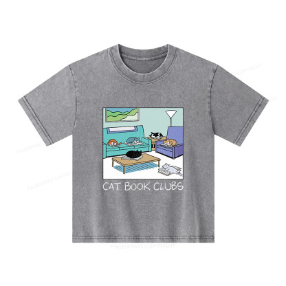 Pagewings Cat Book Clubs Unisex Kids Washed T-shirt