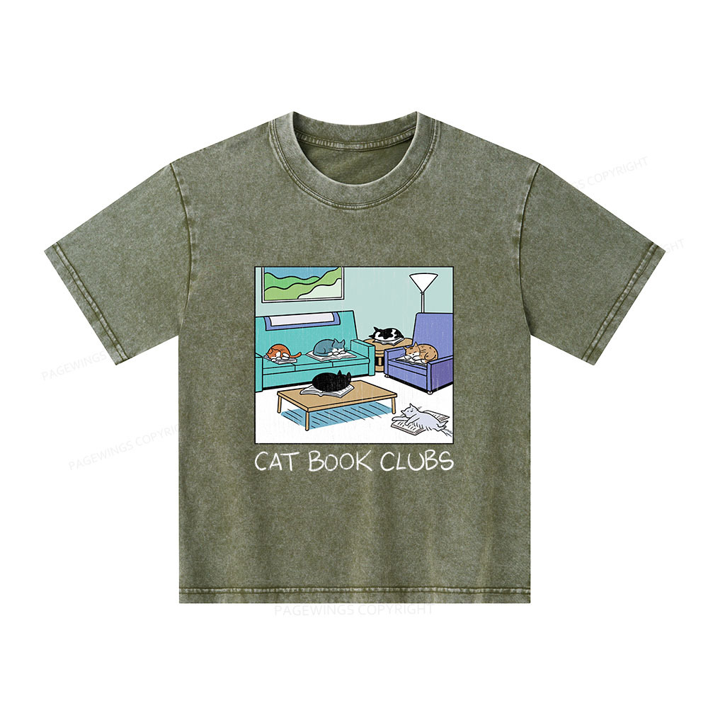 Pagewings Cat Book Clubs Unisex Kids Washed T-shirt